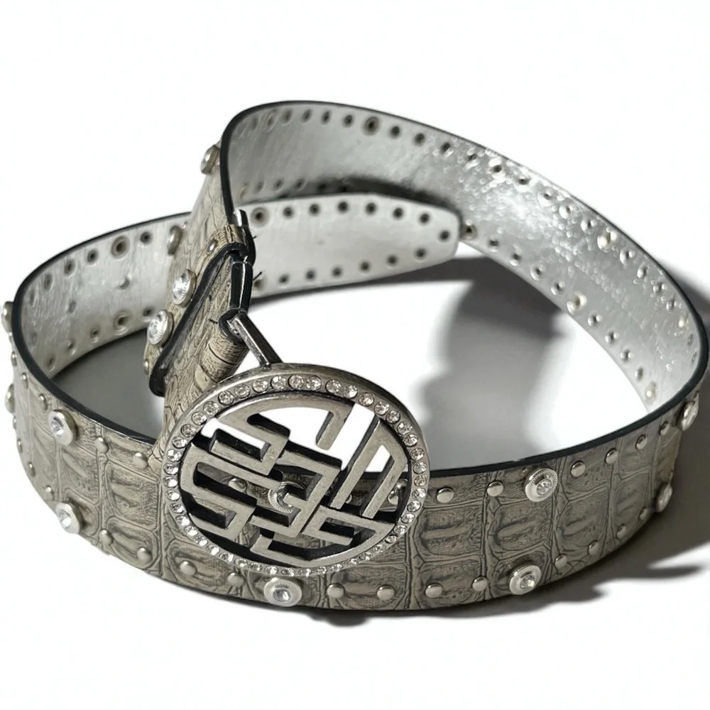Guess Y2K Croc Embossed Faux Leather Rhinestone Belt Small